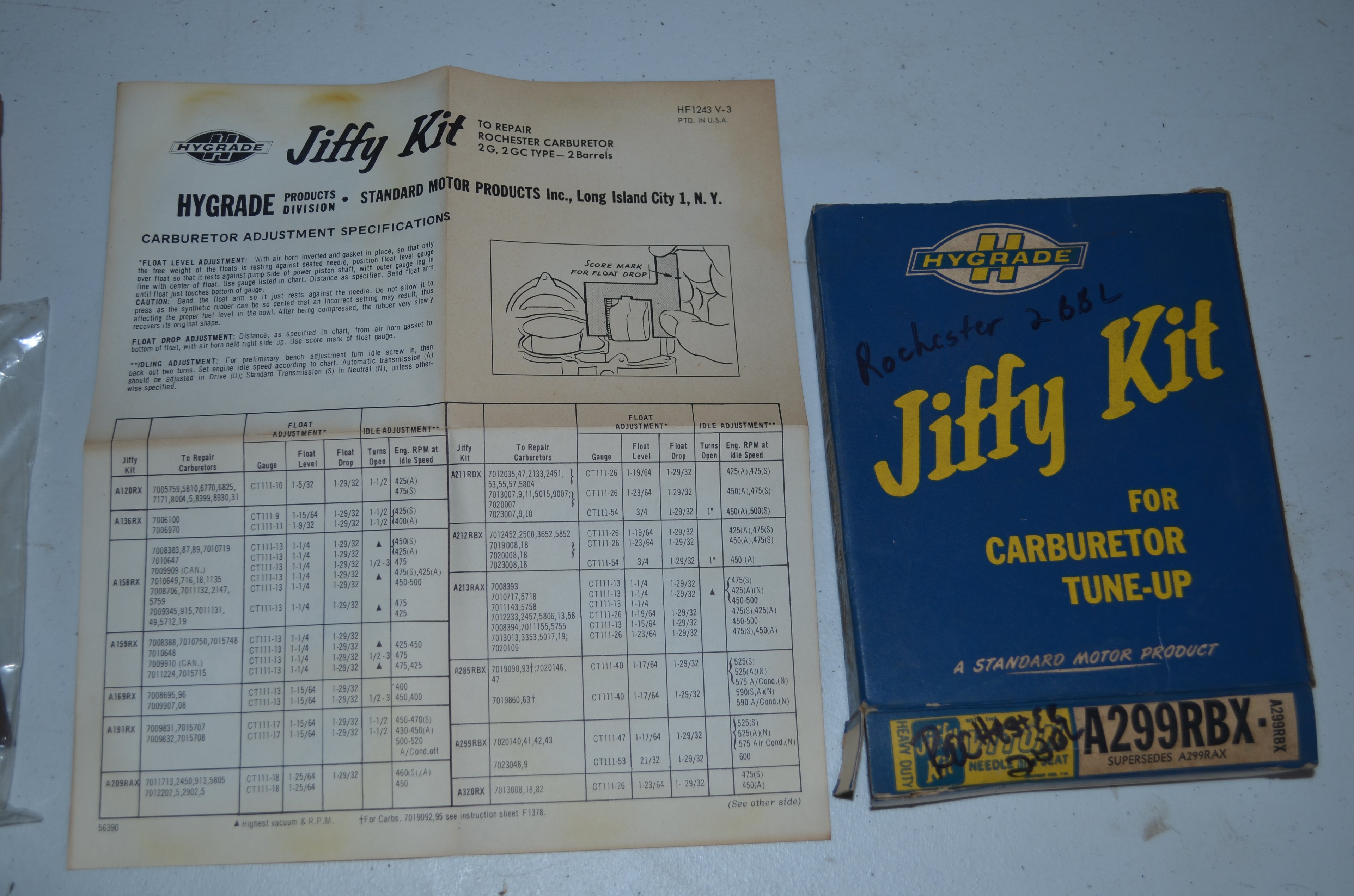 Hygrade Heavy Duty Rochester Carburetor Vintage Jiffy 2 Barrel Tune-Up Kit NOS Part A299RBX