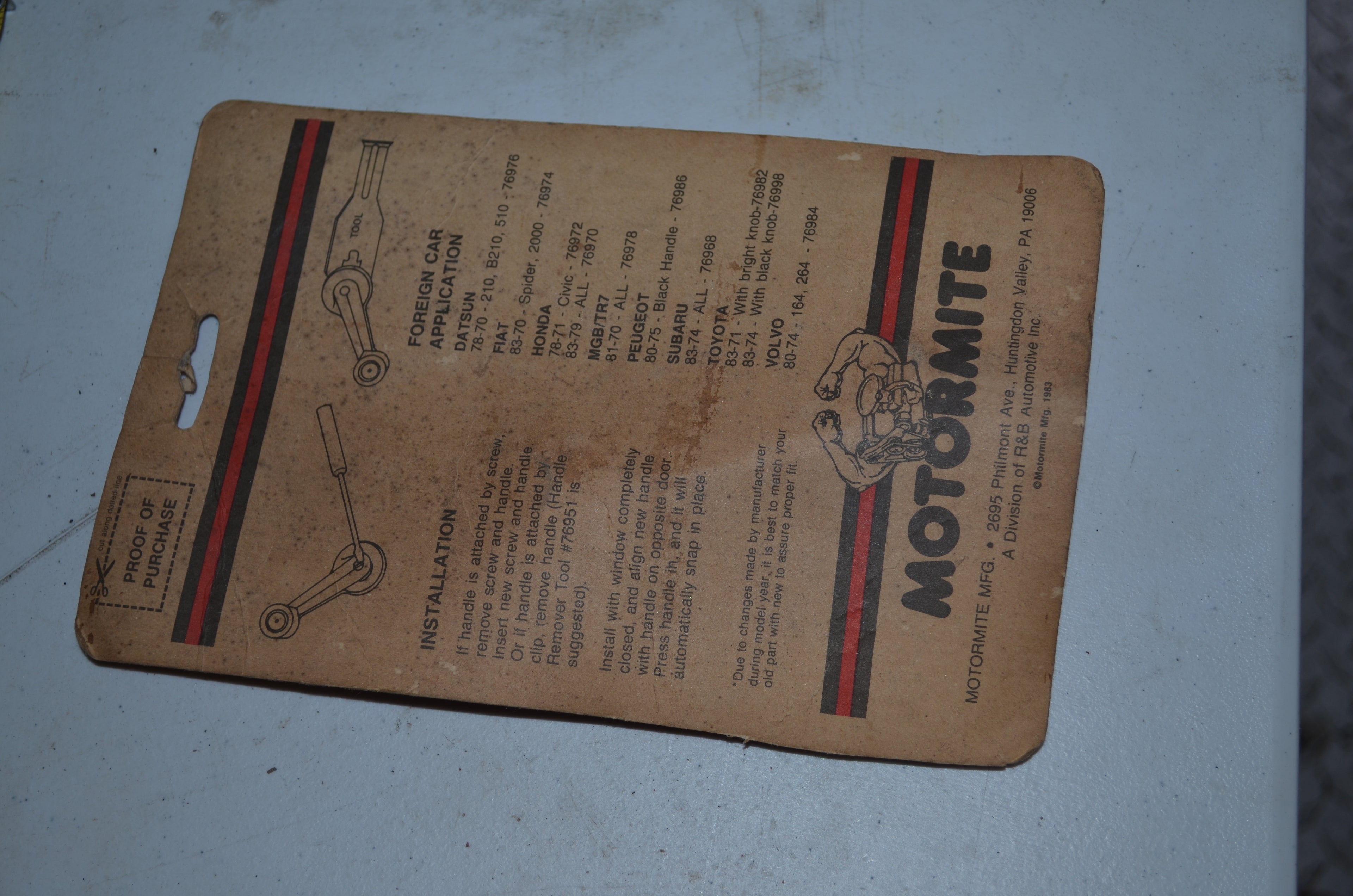 New Honda Civic window crank handle Vintage Dorman 701-761  for late 70s and early 80s Hondas