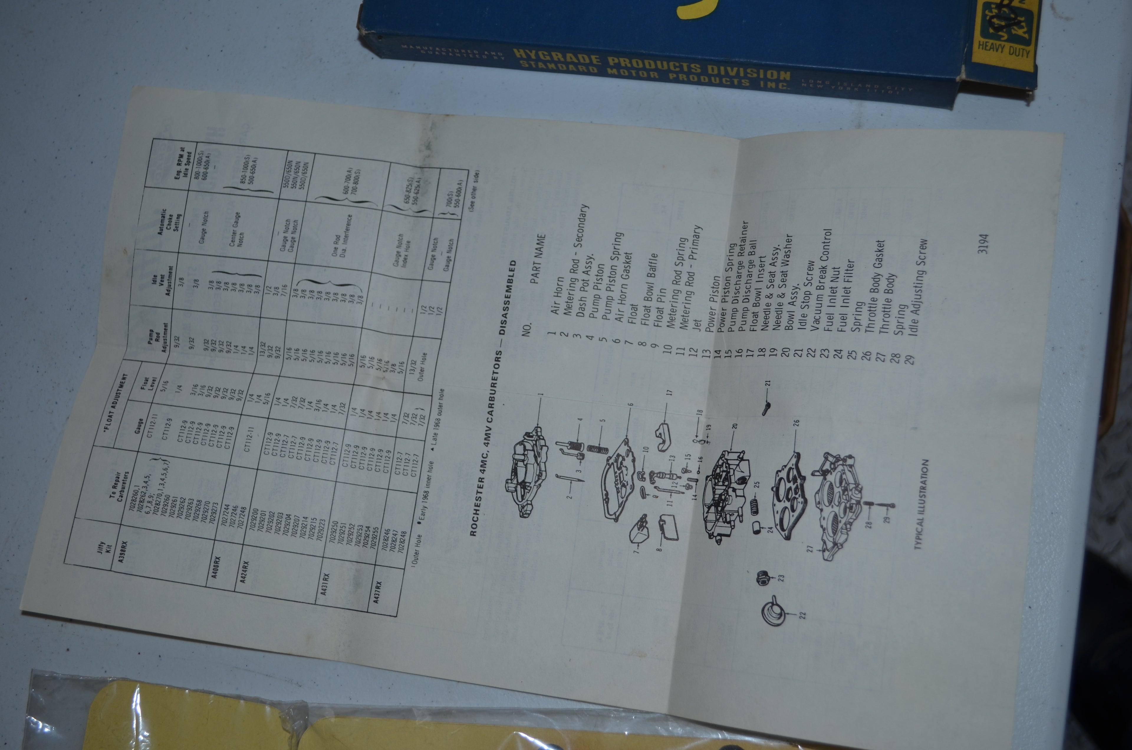 Hygrade Heavy Duty Rochester Carburetors Vntage Jiffy 4 Barrel Tune-Up Kit NOS Part A381RX