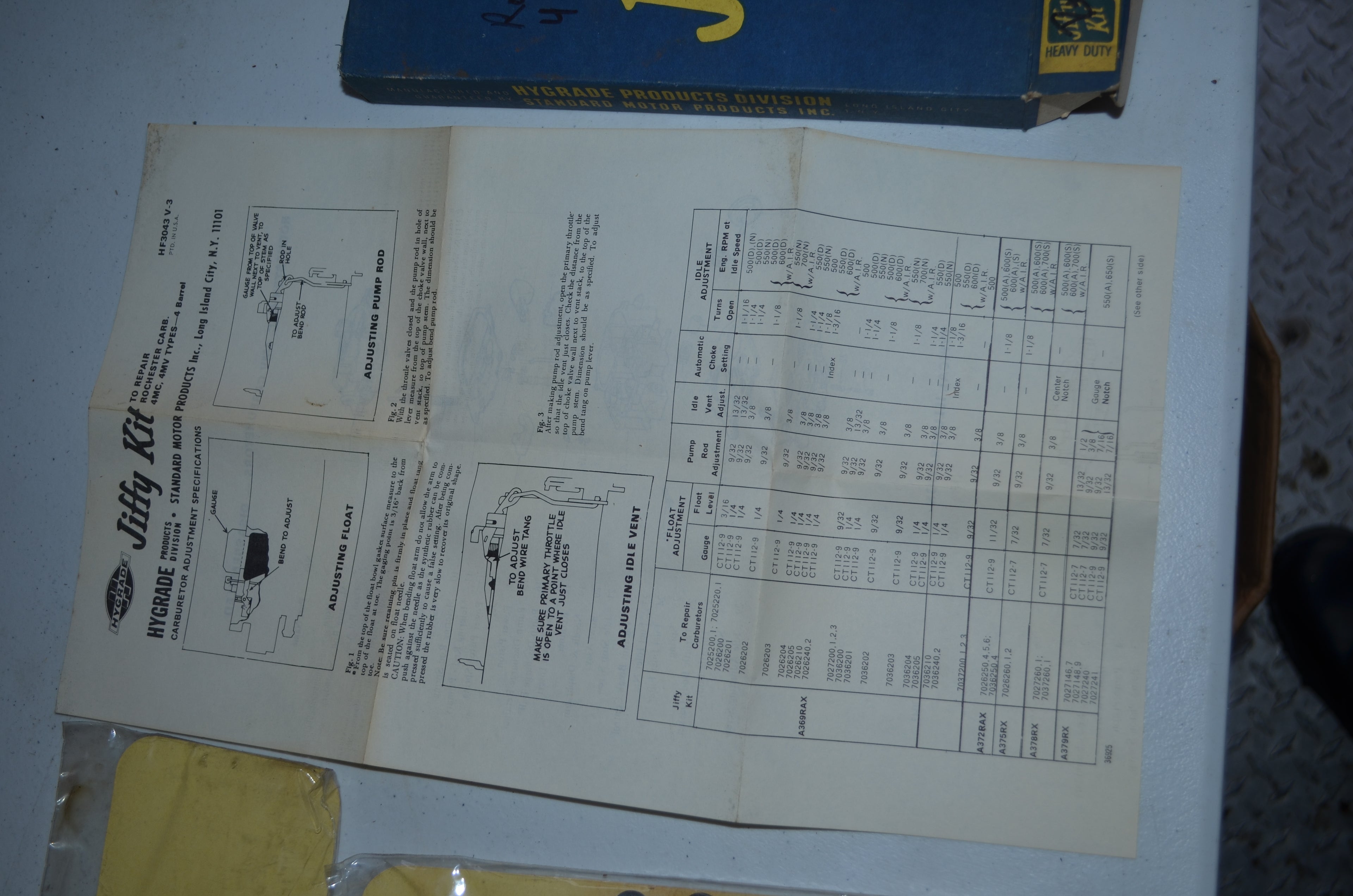 Hygrade Heavy Duty Rochester Carburetors Vintage Jiffy 4 Barrel Tune-Up Kit NOS Part A372RAX