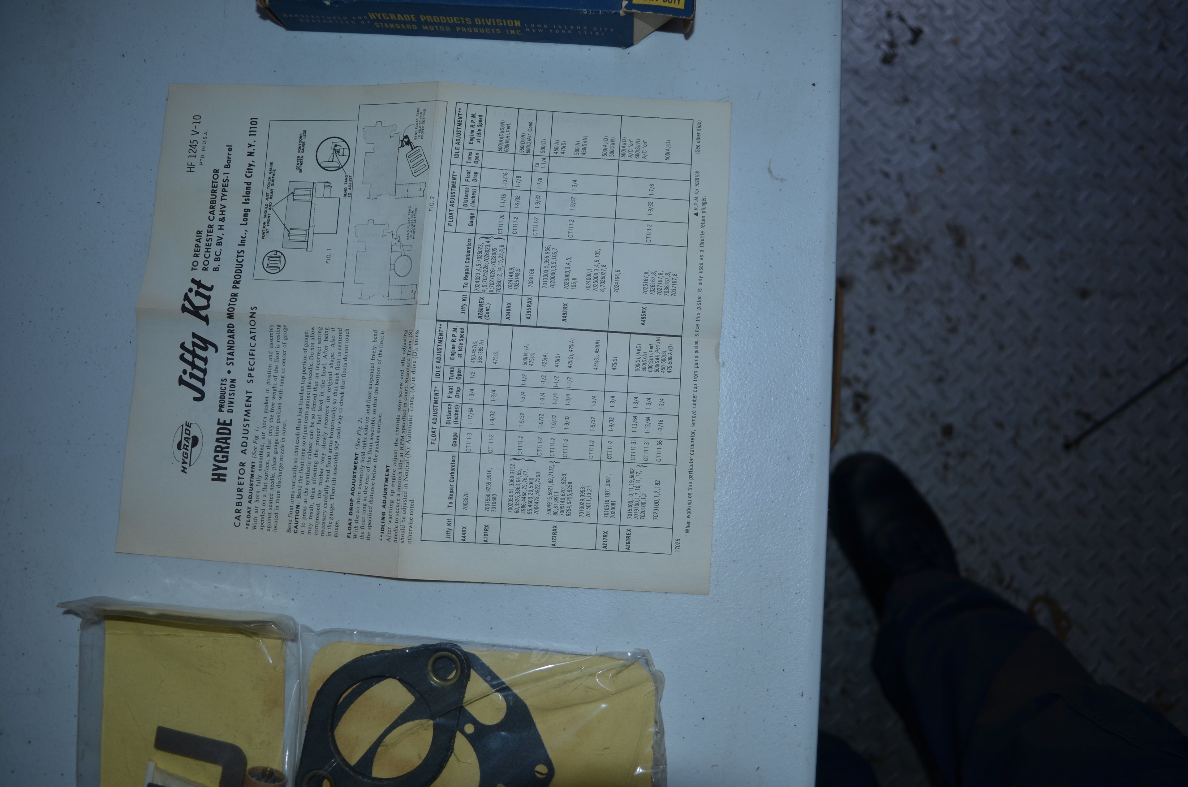 Hygrade Heavy Duty Rochester Carburetors Vintage Jiffy 1 Barrel Tune-Up Kit NOS Part A395RAX